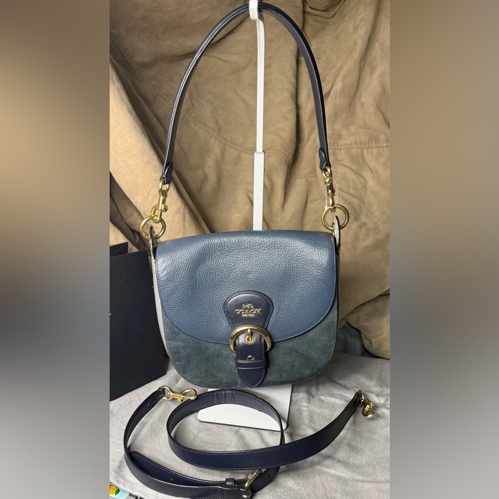 Coach Kleo Shoulder Bag Crossbody 23 in a blue Suede and Pebbled Leather Combo